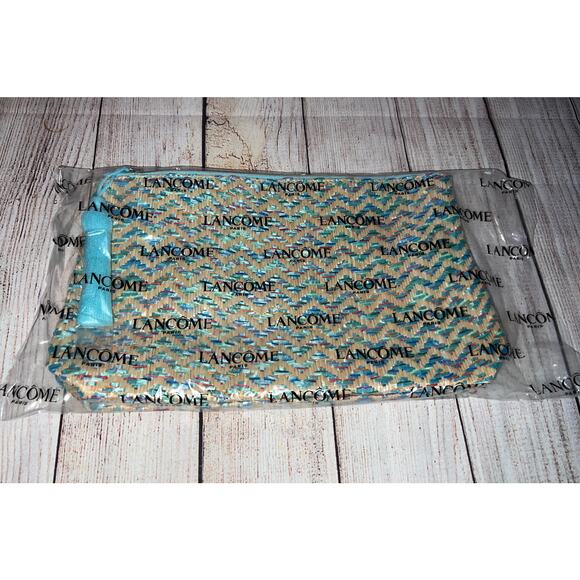 Lancome Paris Makeup Blue Beige Woven Straw Large Straw Cosmetic Bag Zipper - Picture 2 of 10
